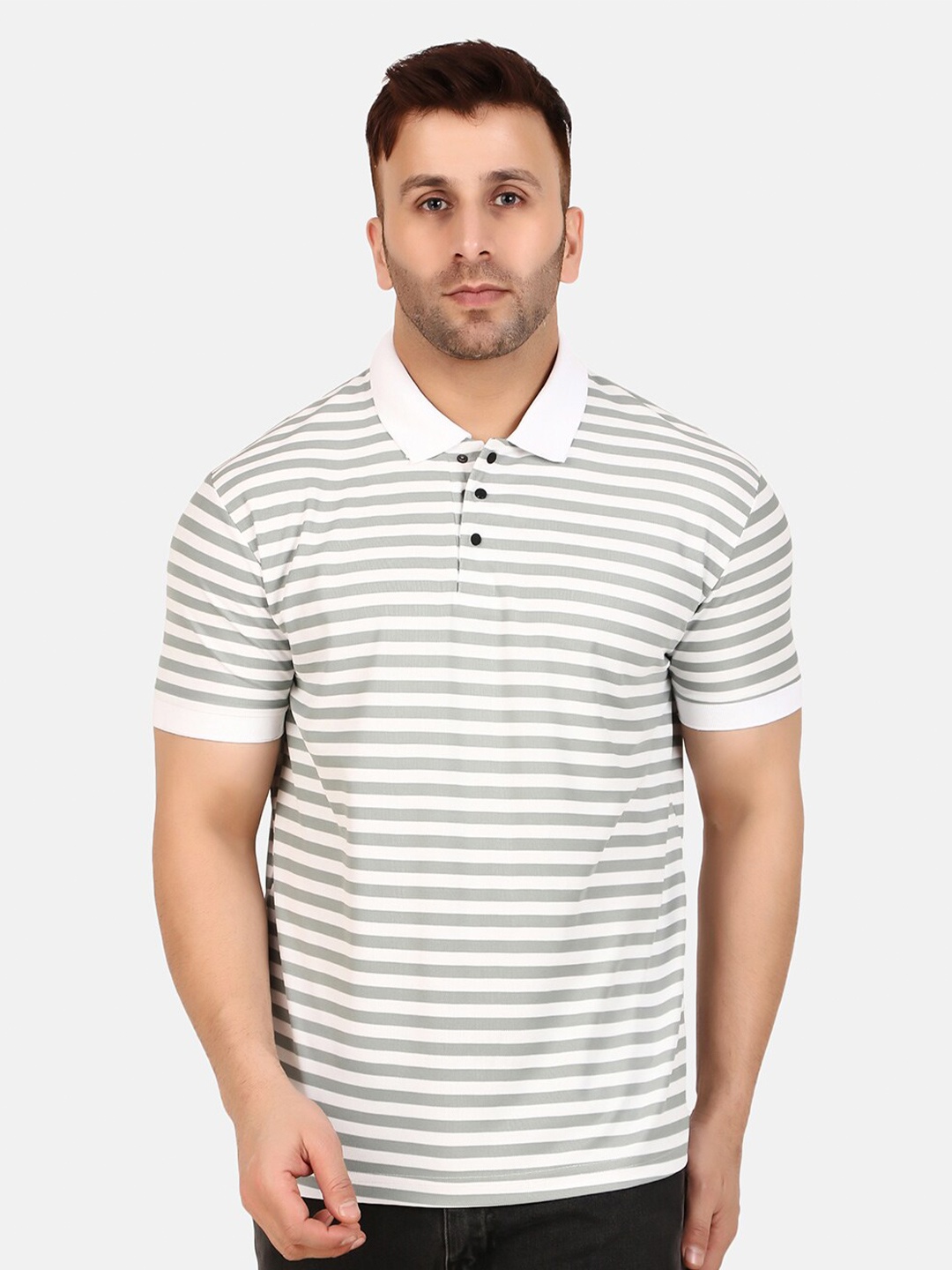 

WELL QUALITY Striped Polo Collar T-shirt, White