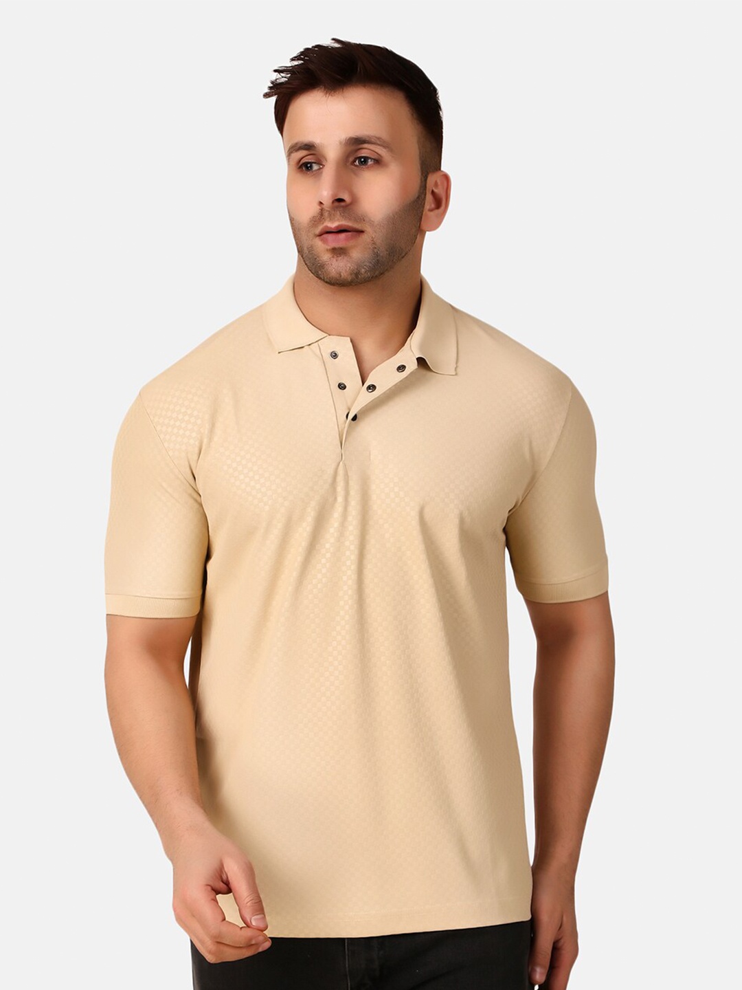

WELL QUALITY Self Design Polo Collar T-shirt, Beige