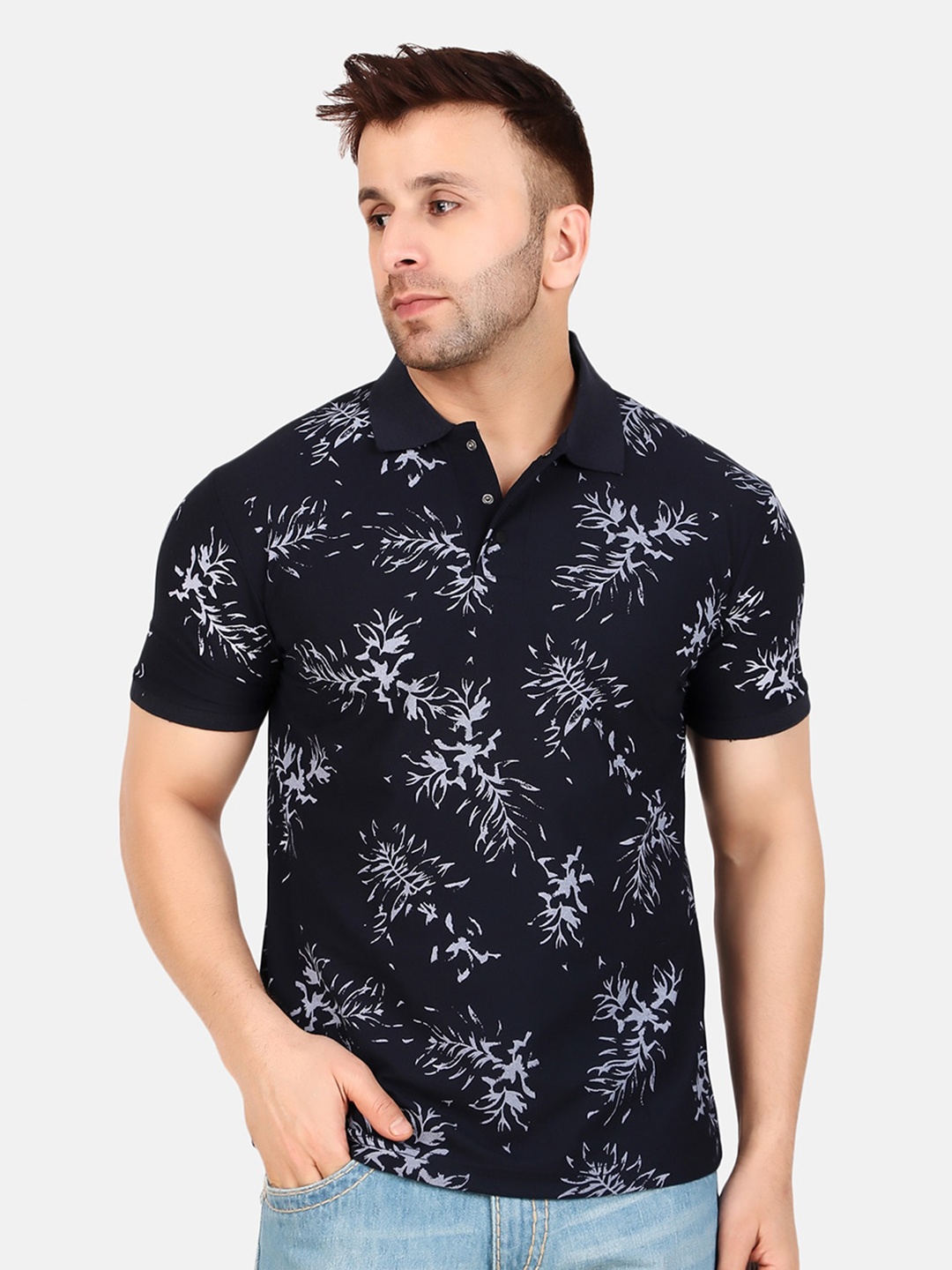 

WELL QUALITY Printed Polo Collar T-shirt, Navy blue
