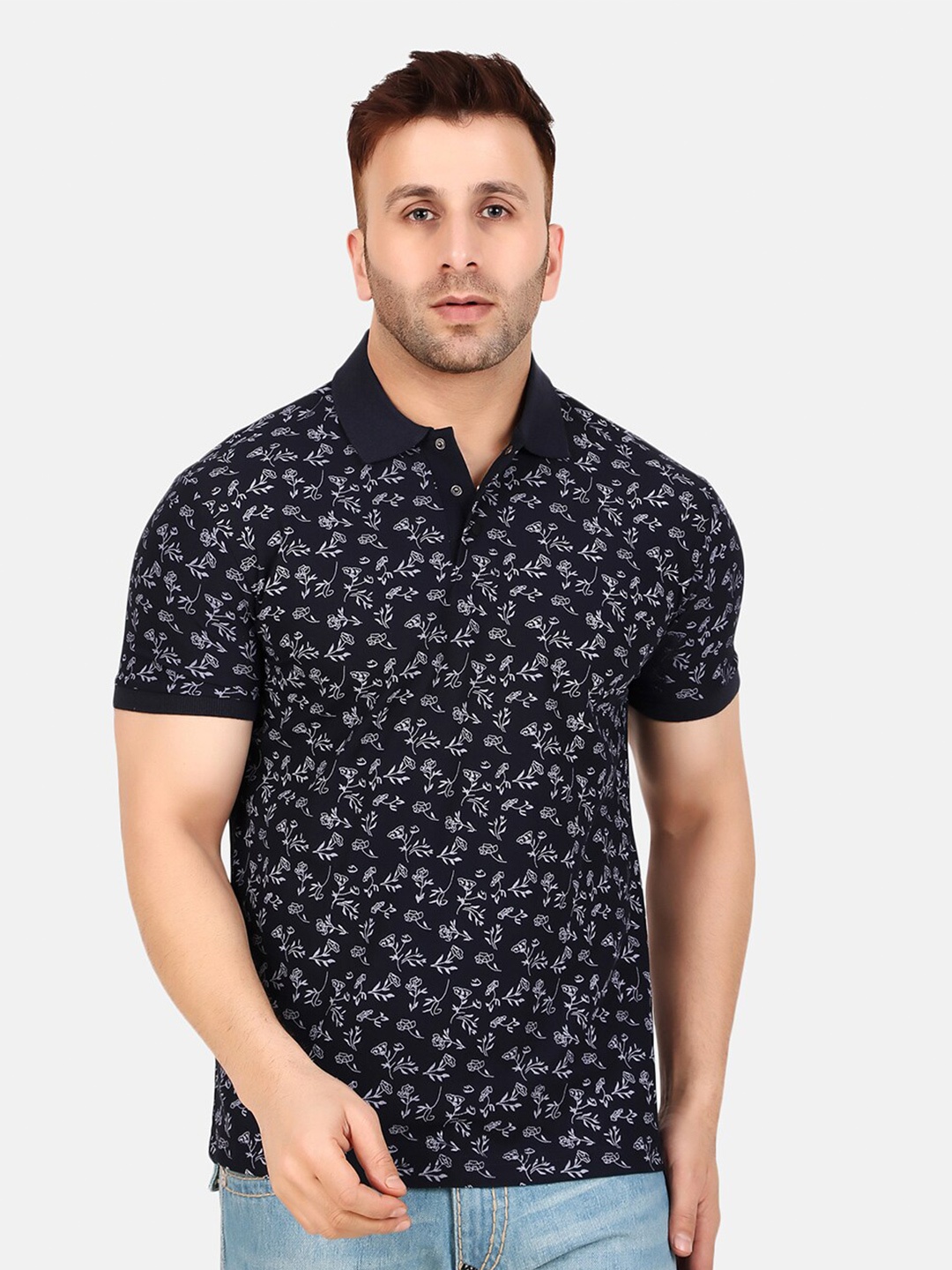 

WELL QUALITY Floral Printed Polo Collar T-shirt, Navy blue