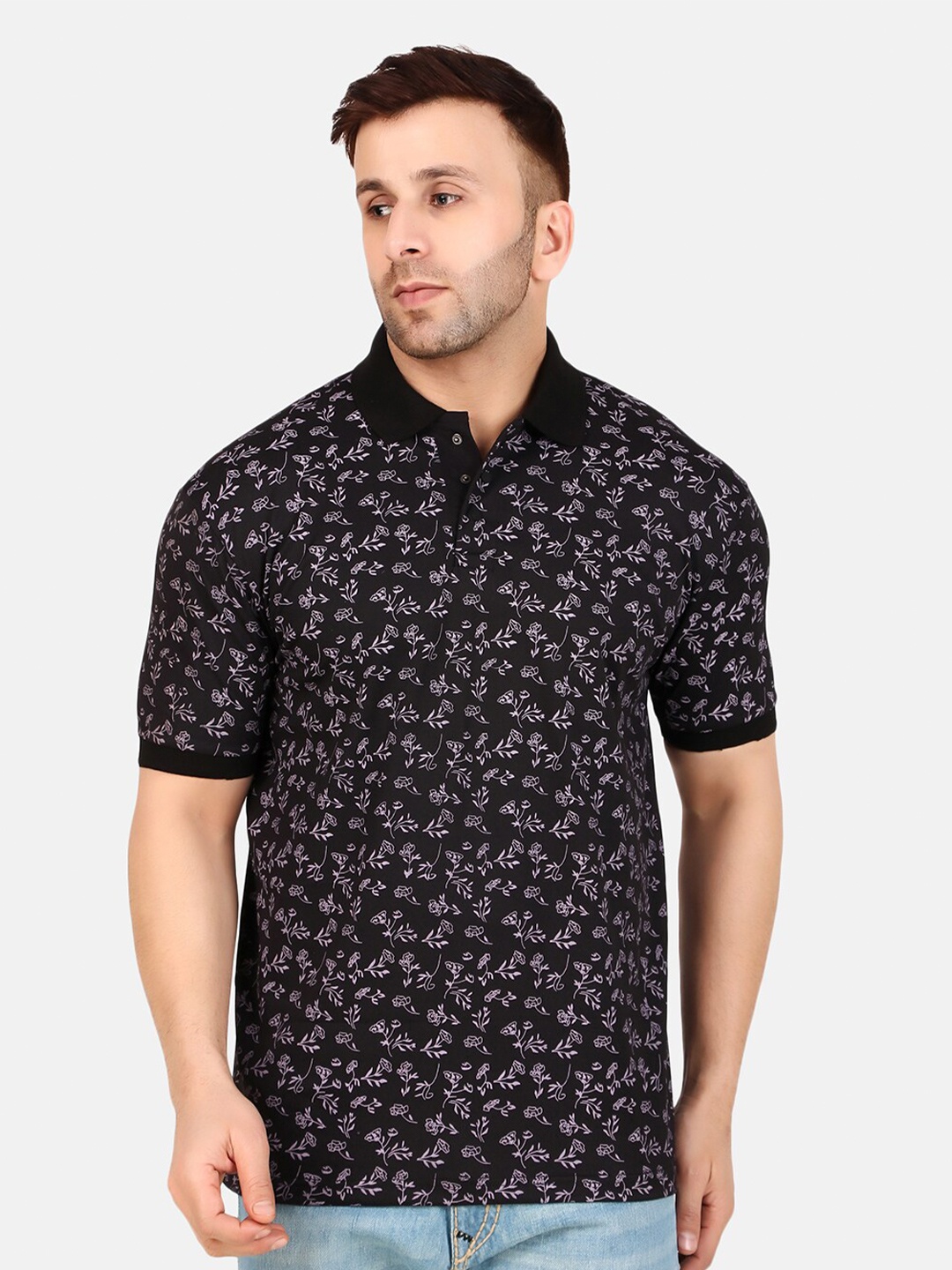

WELL QUALITY Floral Printed Polo Collar T-shirt, Black