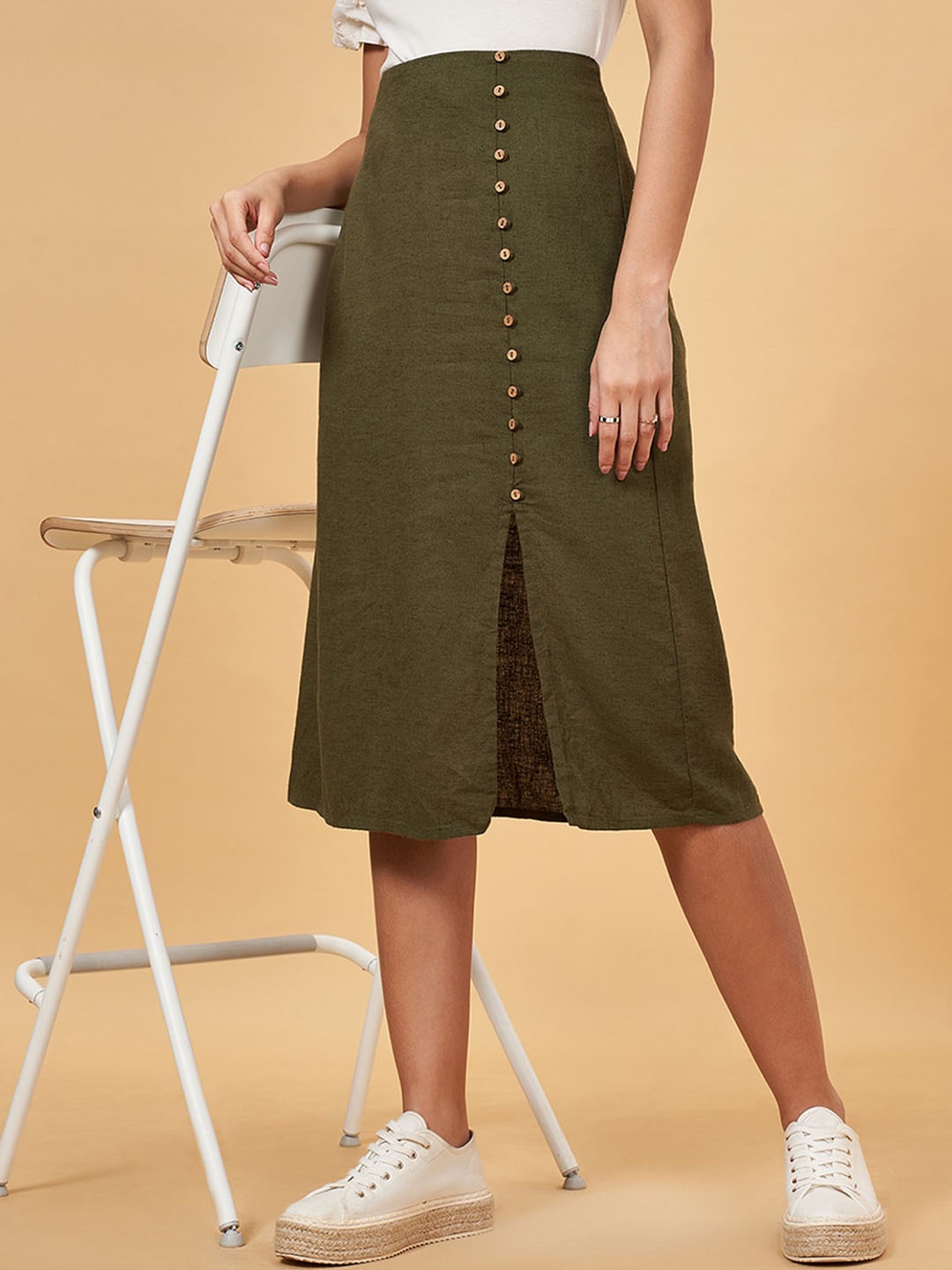 

Honey by Pantaloons Button Detail Straight Skirt, Olive