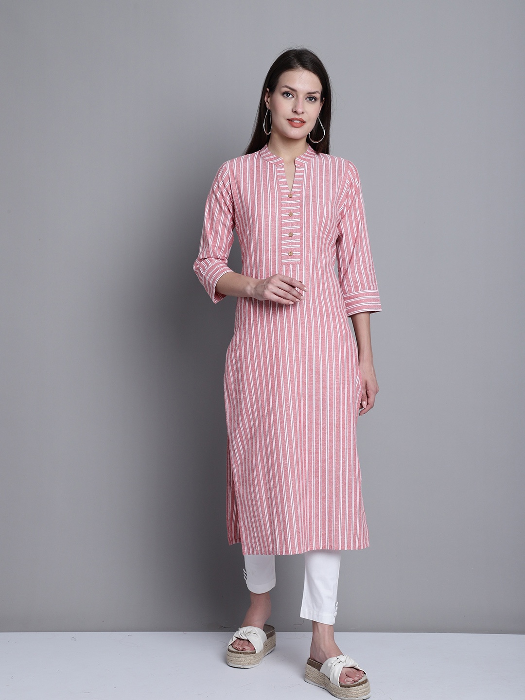 

KALINI Striped Cotton Straight Kurta, Pink