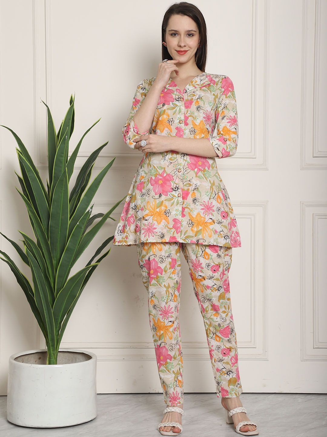 

KALINI Printed Pure Cotton Tunic With Trouser, Beige