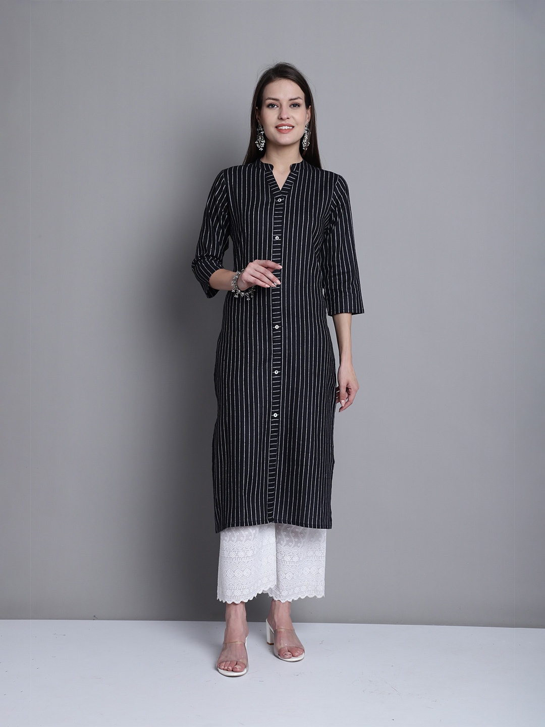 

KALINI Striped Cotton Straight Kurta, Black