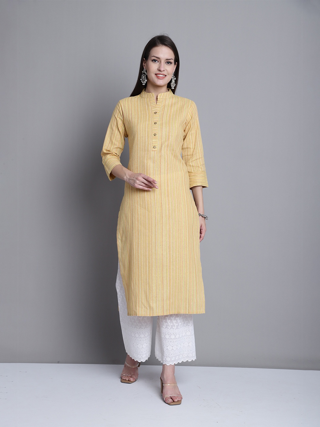 

KALINI Striped Cotton Straight Kurta, Yellow