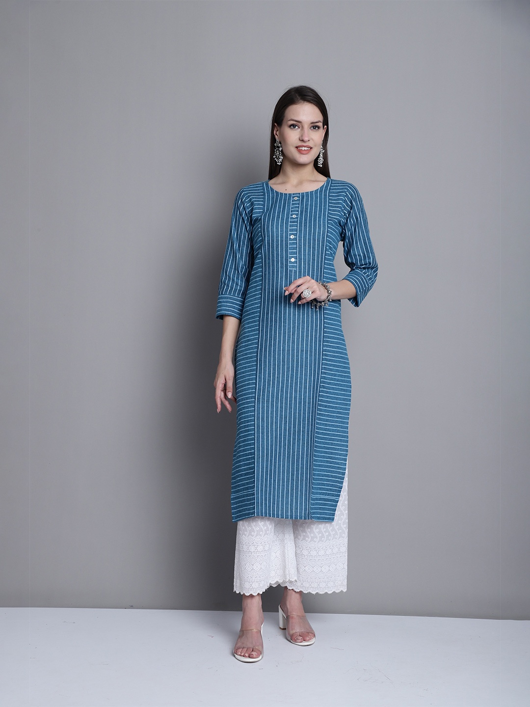 

KALINI Striped Cotton Straight Kurta, Blue