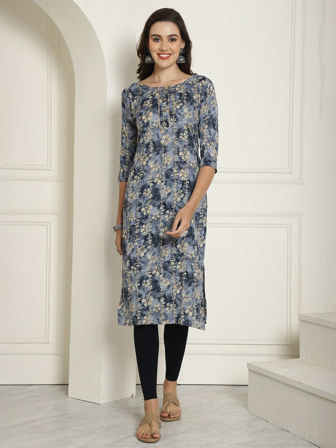 

KALINI Floral Printed Floral Straight Kurta, Grey
