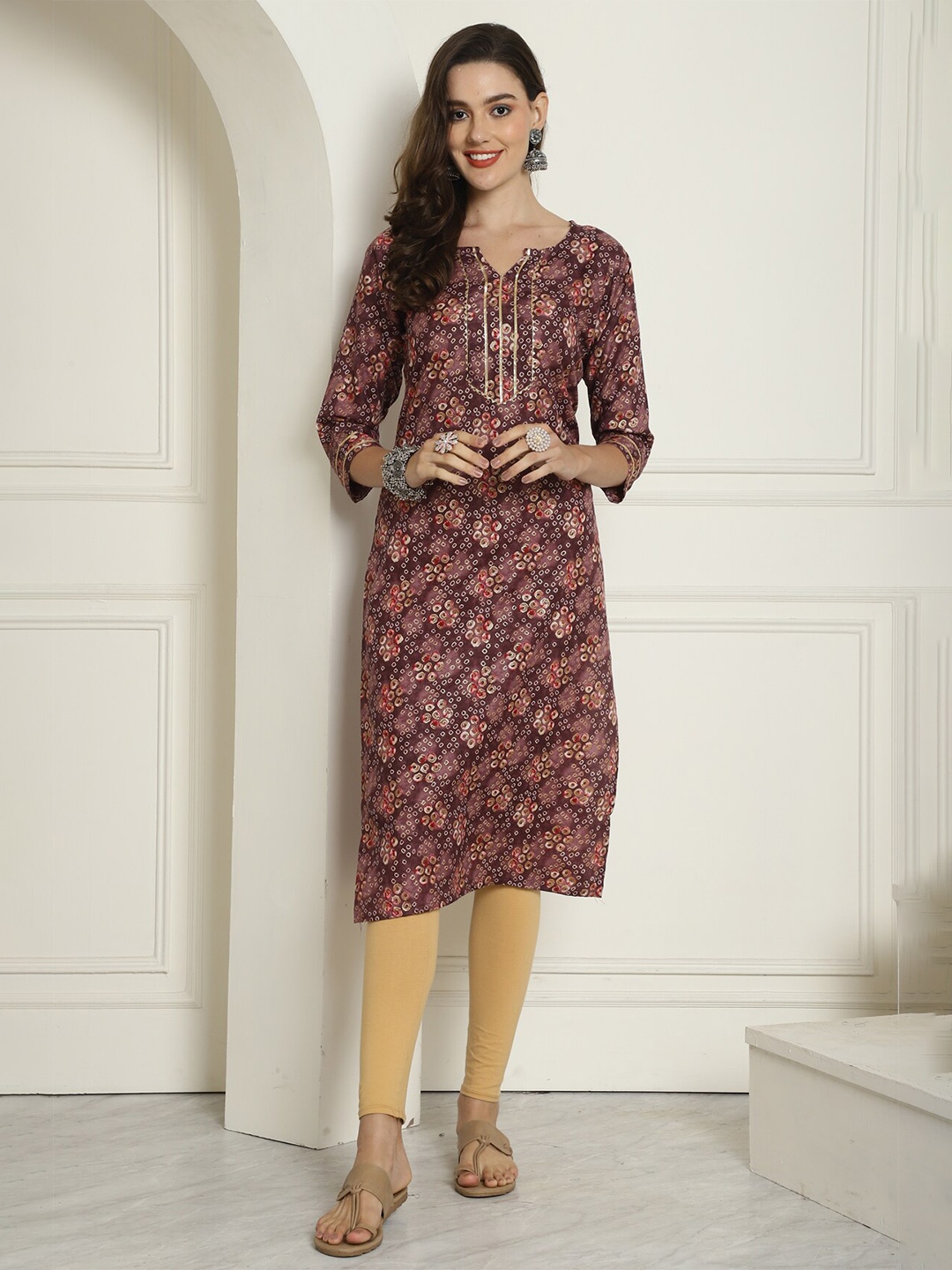 

KALINI Bandhani Foil Printed Straight Kurta, Maroon