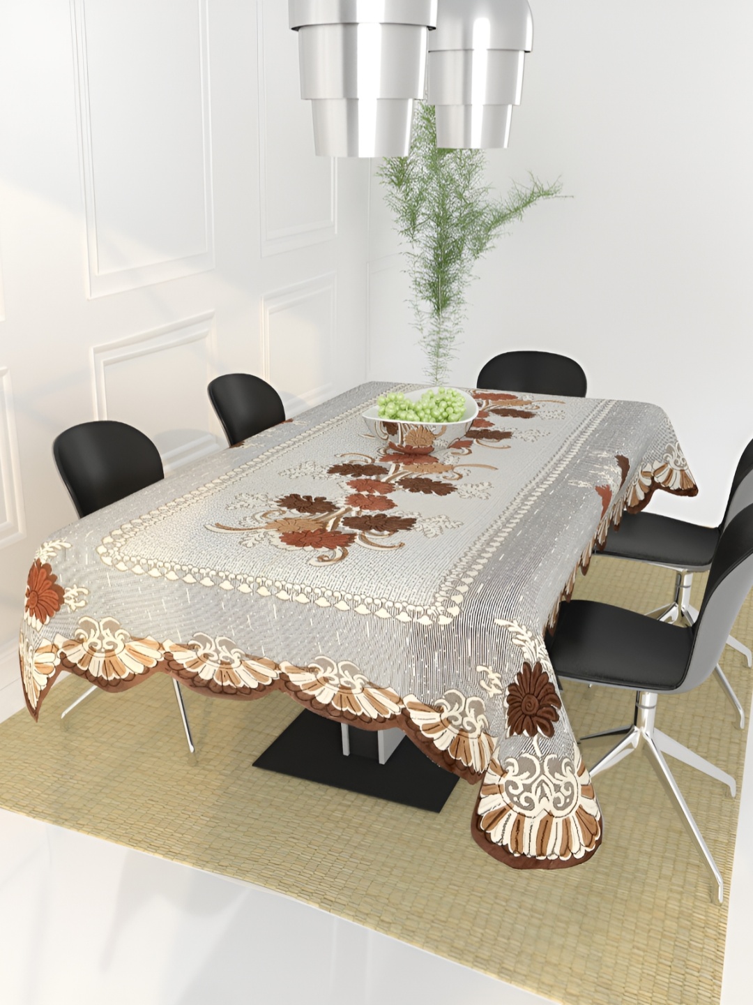 

BIGGER FISH Brown Floral self Design Cotton 6-Seater Table Cover