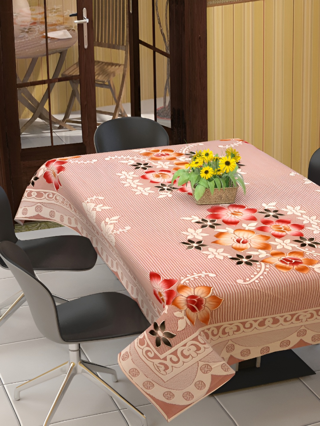 

BIGGER FISH Beige Floral Printed Rectangle Cotton 6-Seater Table Cover
