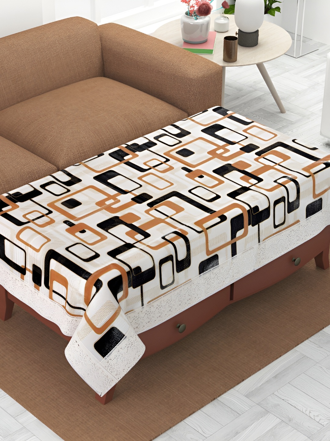 

BIGGER FISH White & Brown Geometric Print Rectangular 4-Seater Table Cover
