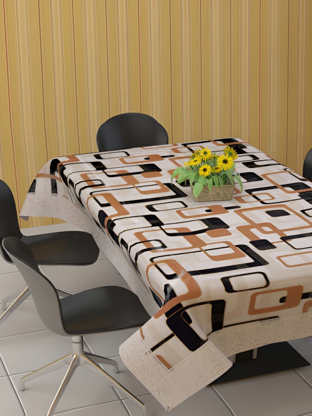 

BIGGER FISH Brown & Black Geometric Rectangle Cotton 6-Seater Table Cover