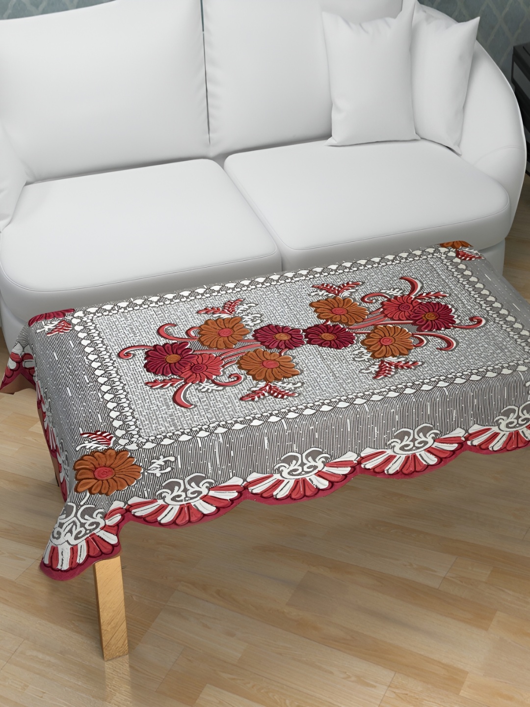 

BIGGER FISH Brown & White Floral Cotton 4 Seater Table Cover
