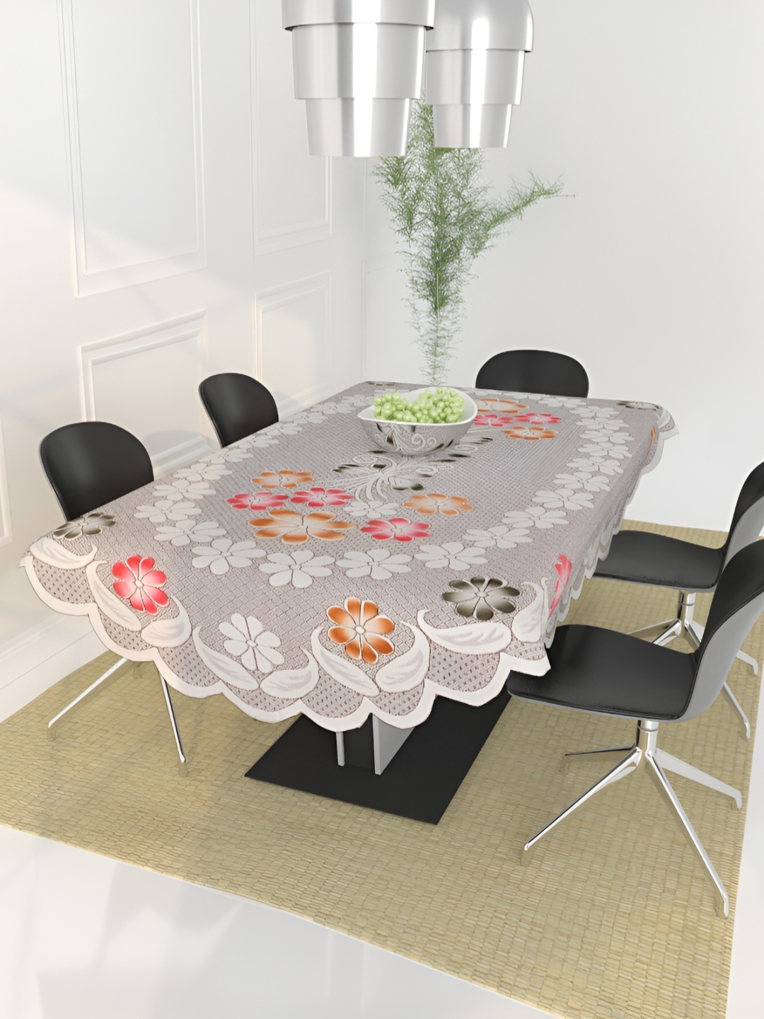 

BIGGER FISH Brown & White Floral Printed Cotton 6 Seater Table Cover