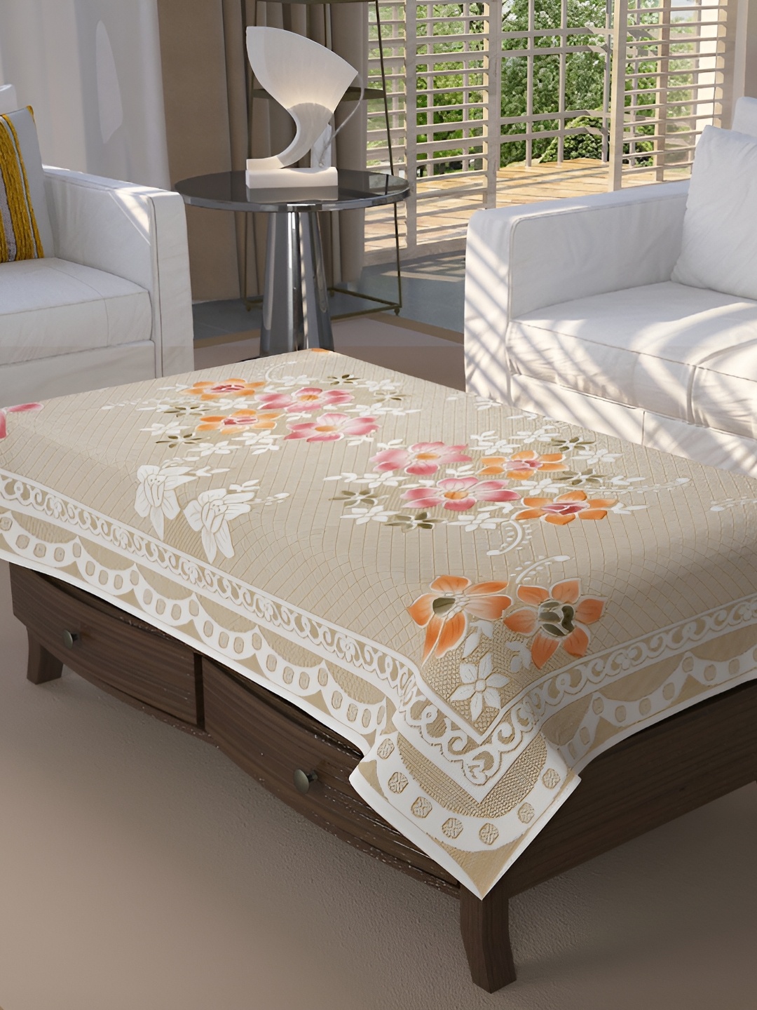 

BIGGER FISH Beige Floral Embroidered Cotton 4-Seater Table Cover