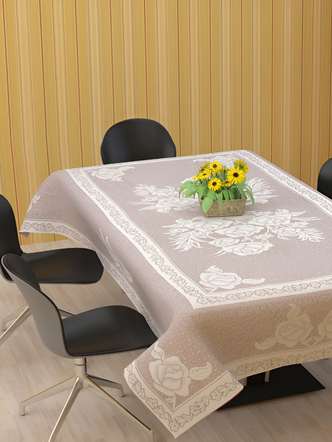 

BIGGER FISH Grey & White Floral Rectangular Cotton 6-Seater Table Cover