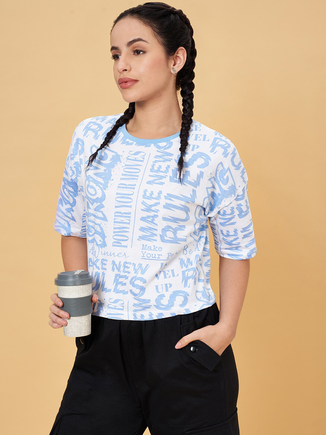 

Ajile by Pantaloons Typography Printed Drop-Shoulder Sleeves Cotton Regular T-shirt, White