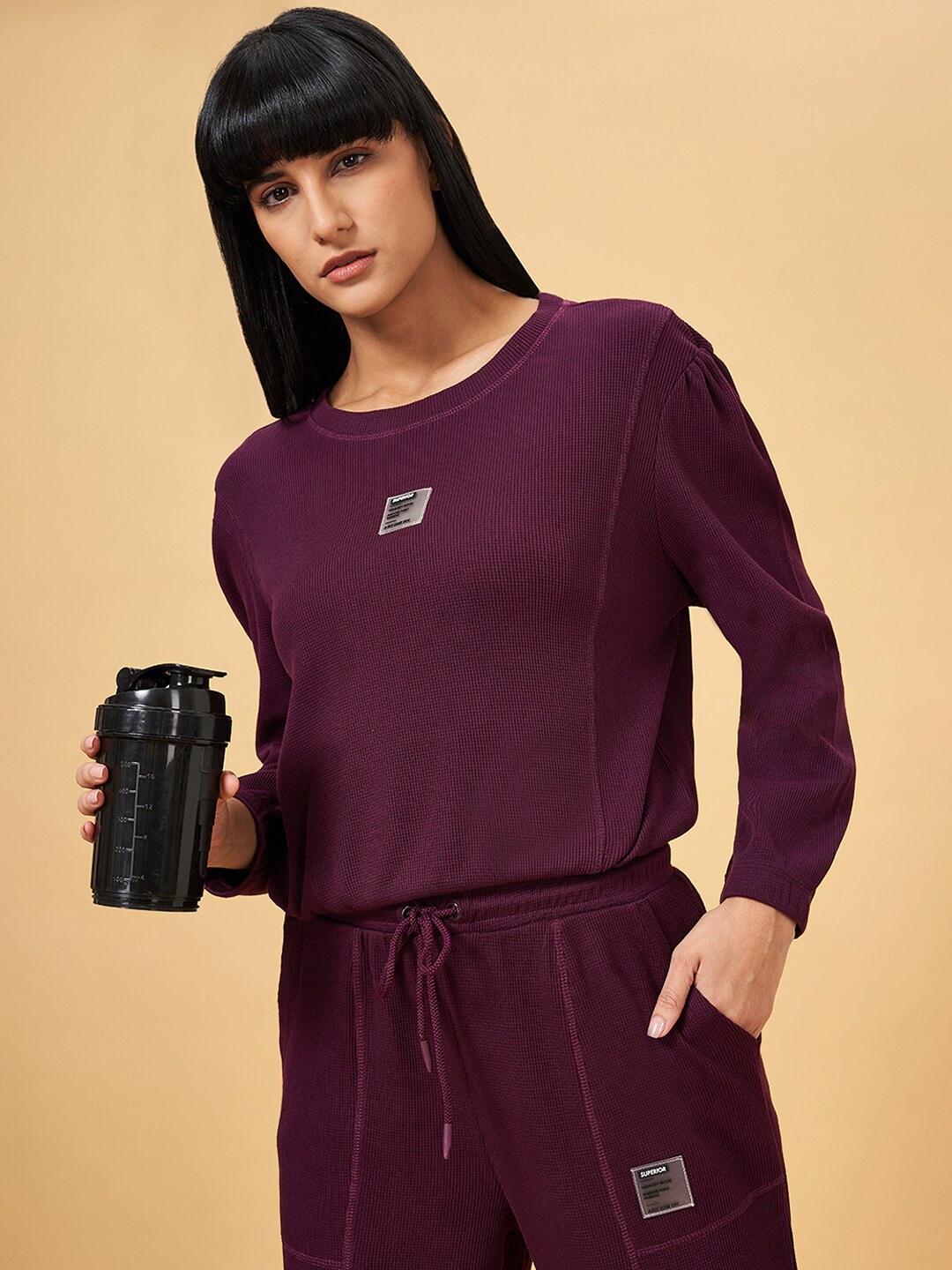 

Ajile by Pantaloons Round Neck Puff Sleeve Cotton Regular Top, Purple