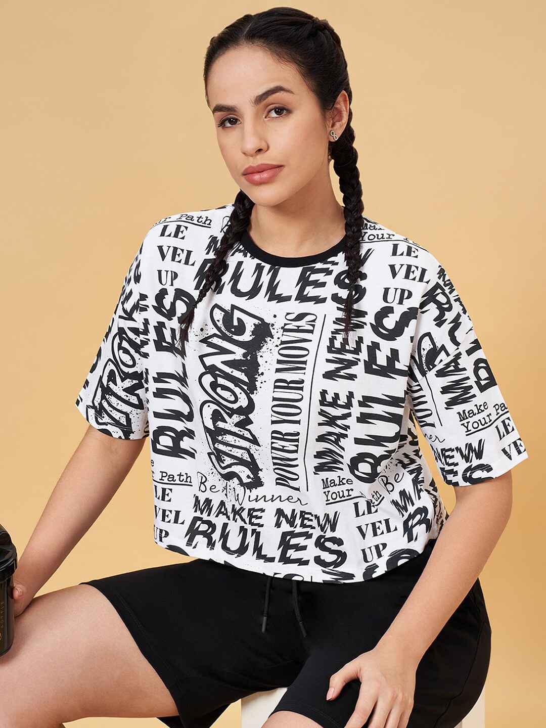 

Ajile by Pantaloons Typography Printed Drop-Shoulder Sleeves Cotton Regular T-shirt, White