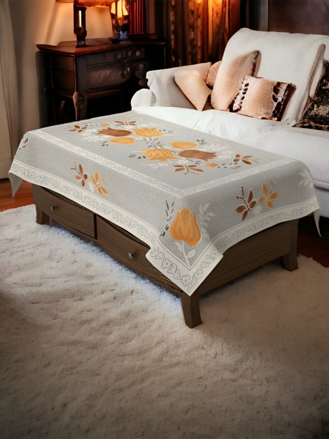 

BIGGER FISH Grey & Brown Floral Printed Cotton 4-Seater Table Cover