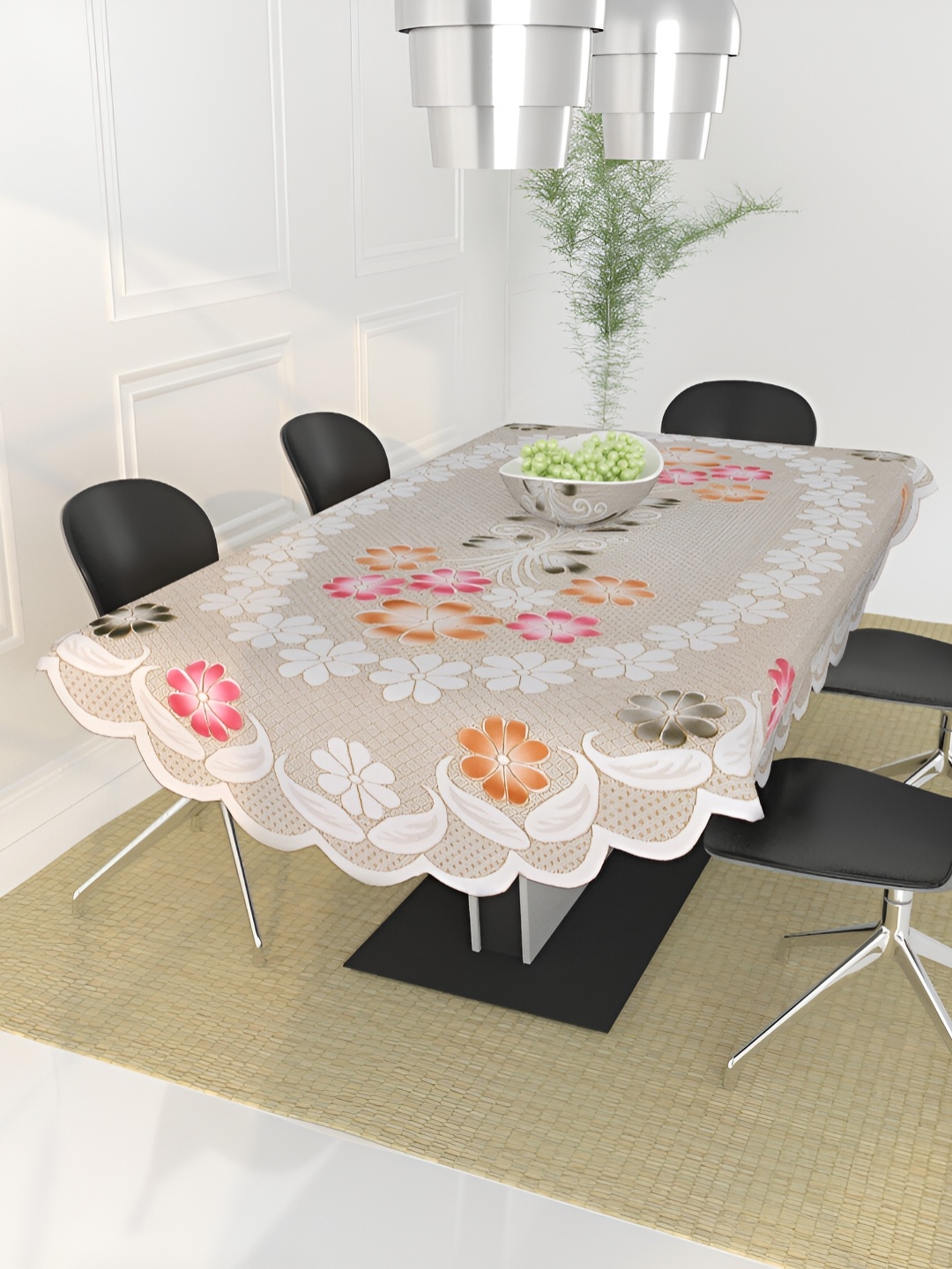 

BIGGER FISH Beige & White Floral Cotton Rectangle 6-Seater Table Cover