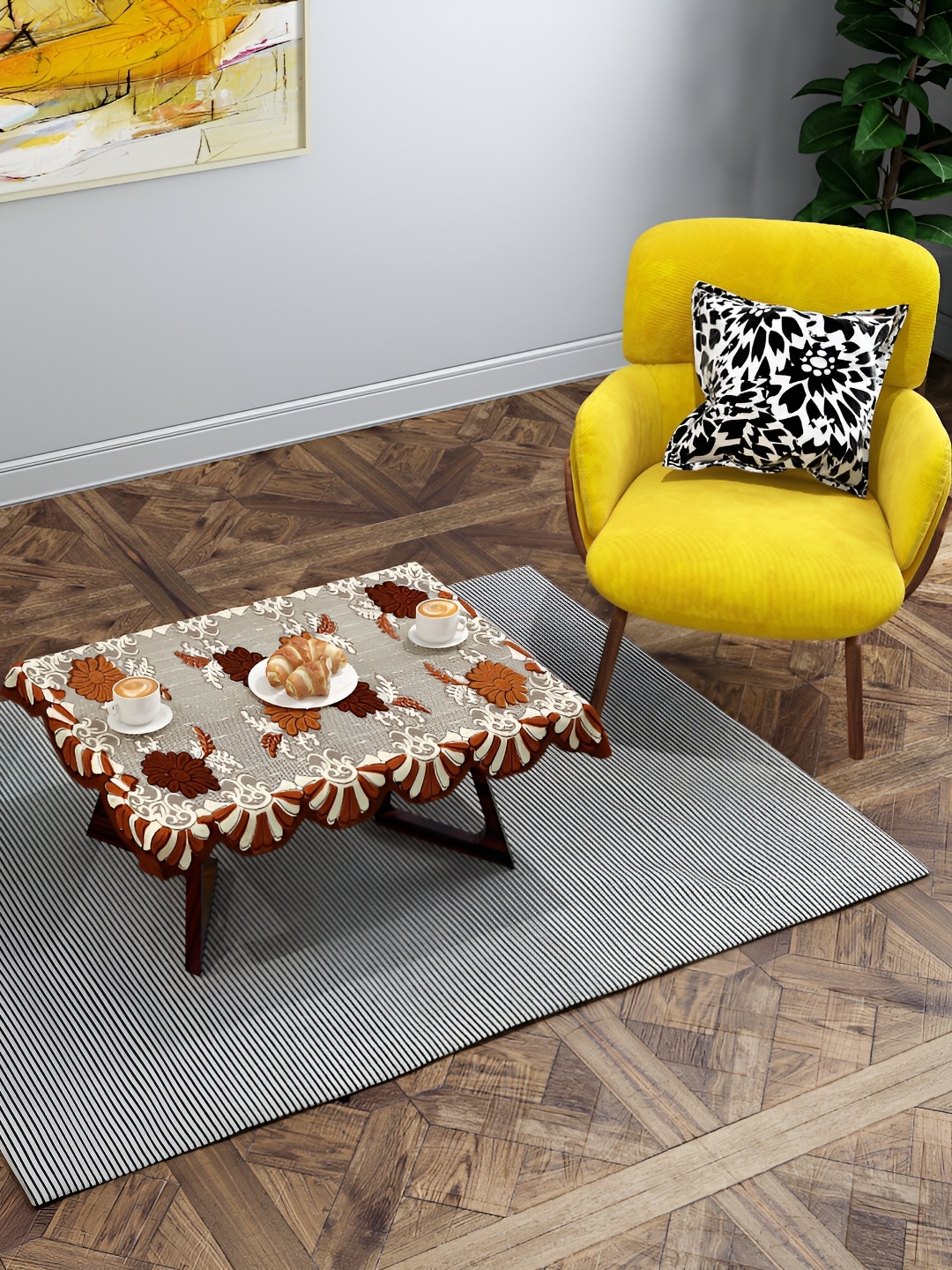 

BIGGER FISH Brown & Beige Printed Rectangle Cotton 2-Seater Table Cover