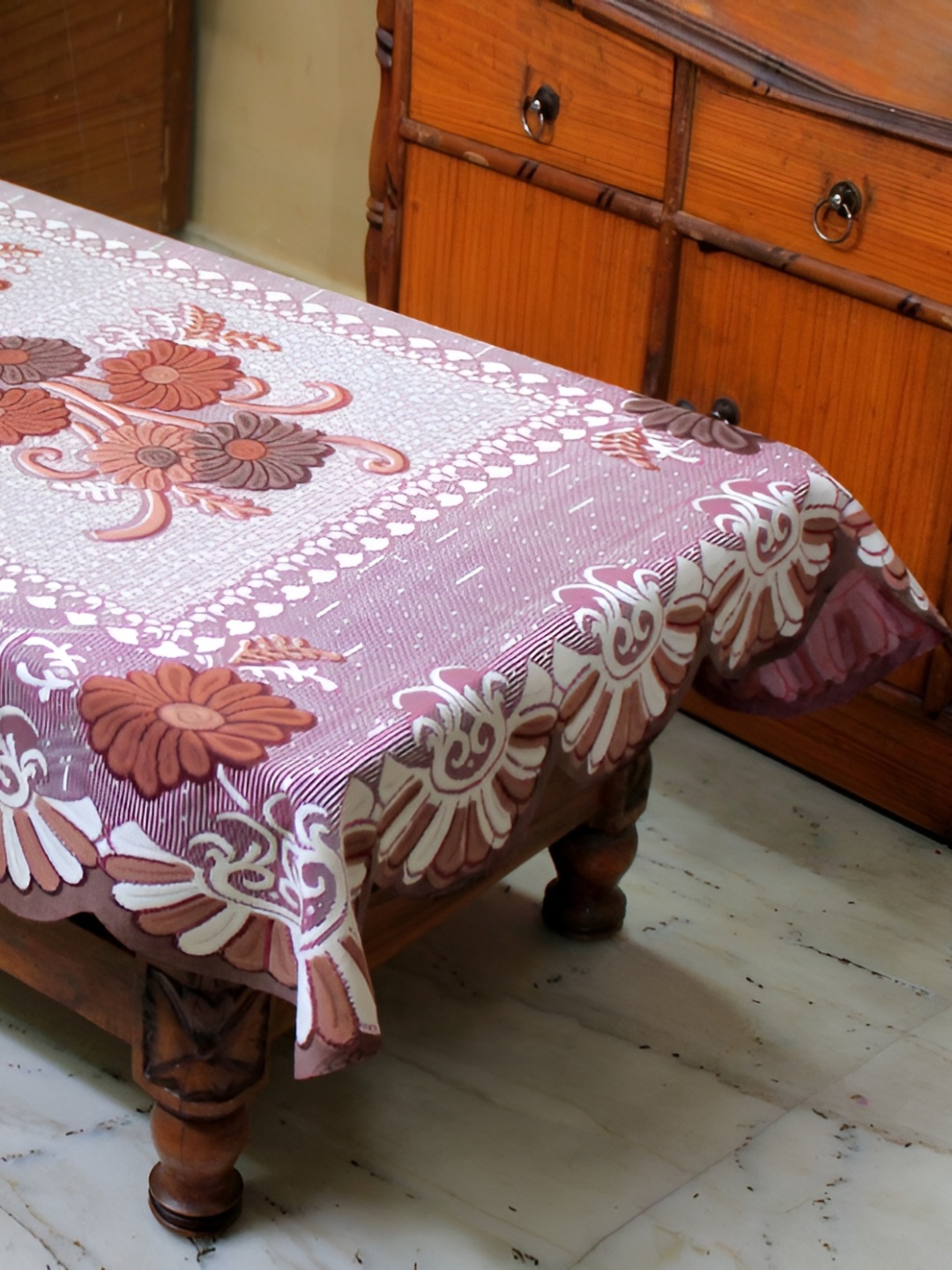 

BIGGER FISH Brown & White Floral Cotton 2-Seater Table Cover