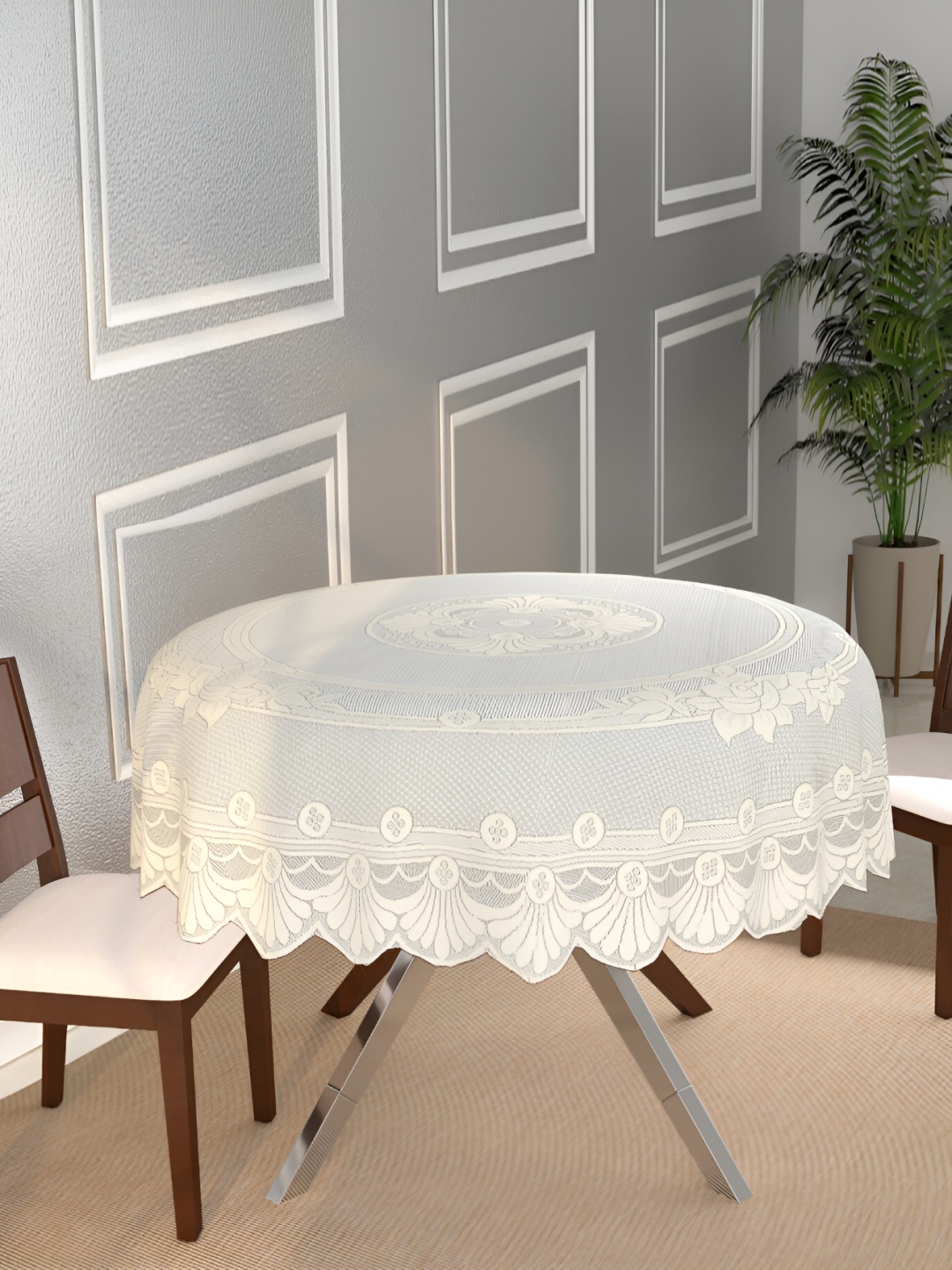 

BIGGER FISH Beige Floral Round Shaped Cotton 8 Seater Table Cover