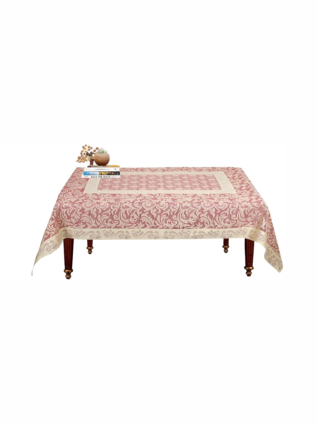 

BIGGER FISH Maroon & Beige Ethnic Motifs Rectangular Silk 4-Seater Table Cover
