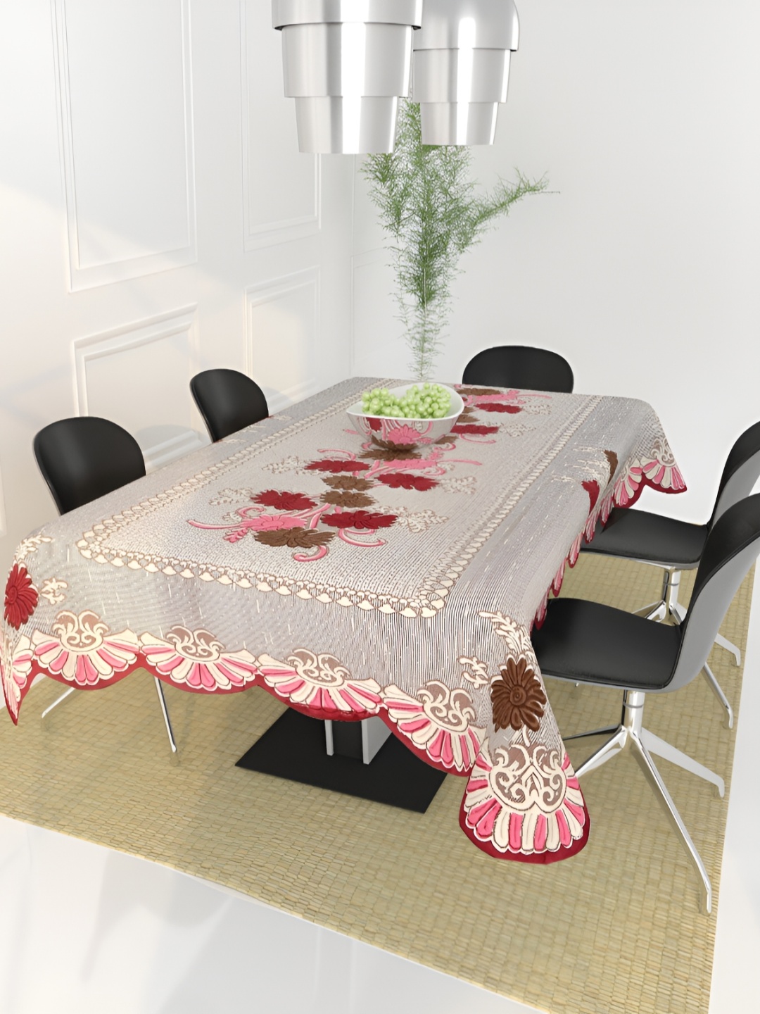 

BIGGER FISH Maroon Floral self Design Cotton 6-Seater Table Cover