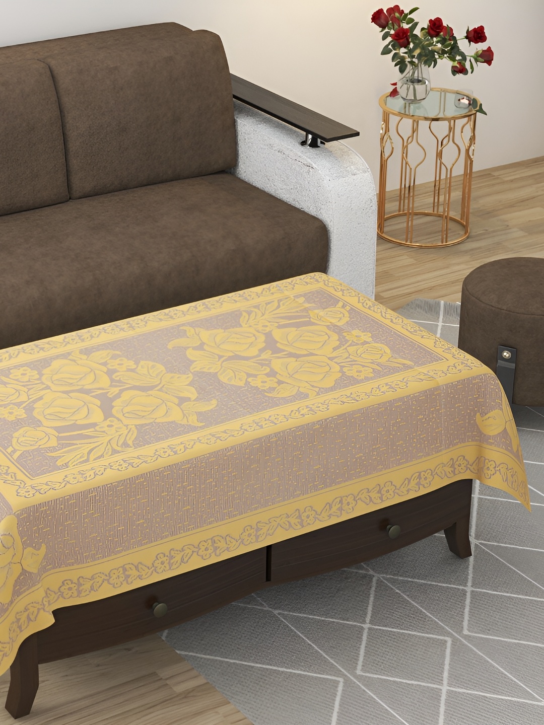 

BIGGER FISH Yellow Floral Rectangular Cotton 4-Seater Table Cover
