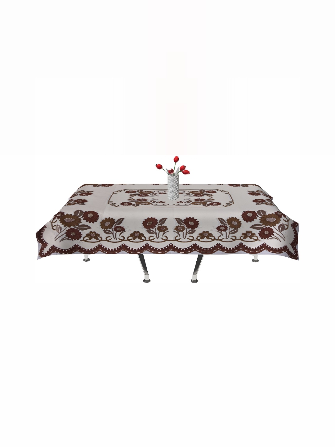 

BIGGER FISH Brown Floral Printed Cotton 4 Seater Table Cover