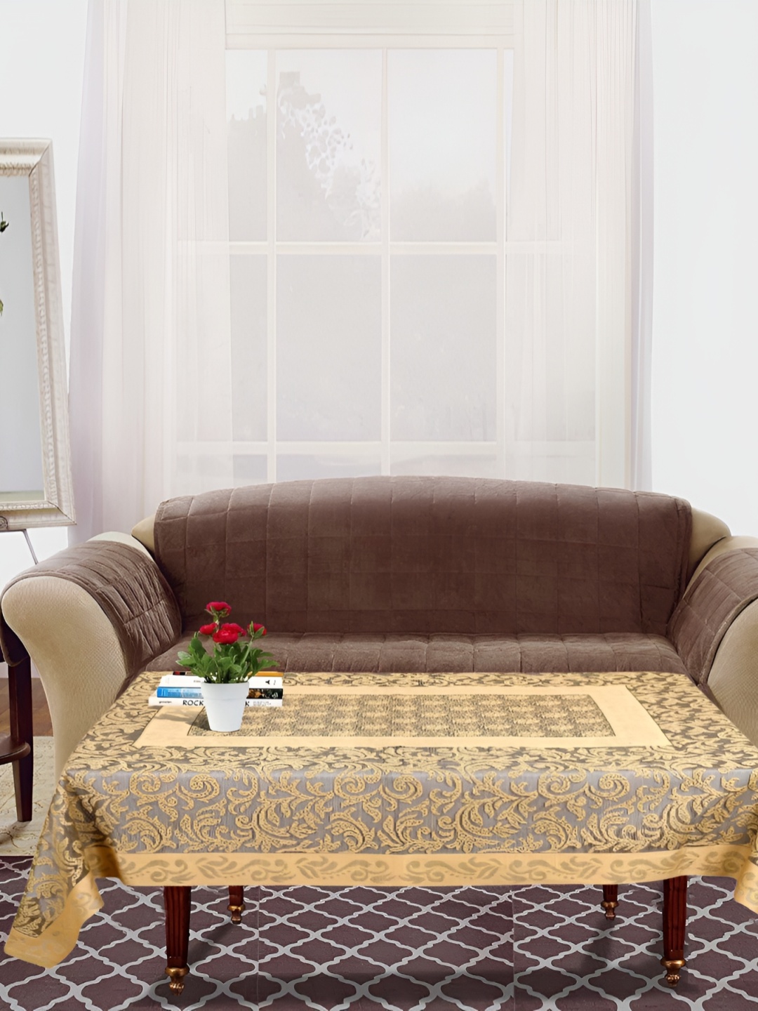

BIGGER FISH Gold Toned Ethnic Motifs Textured Rectangle Table Cover