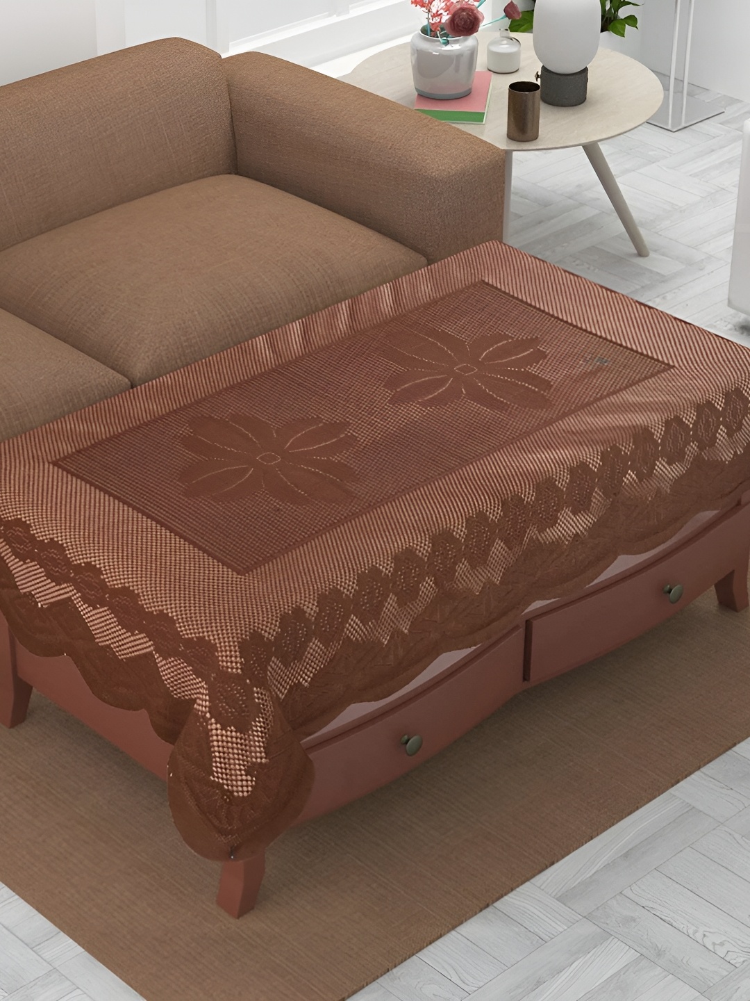 

BIGGER FISH Brown Floral Rectangular Cotton 4-Seater Table Cover, Coffee brown