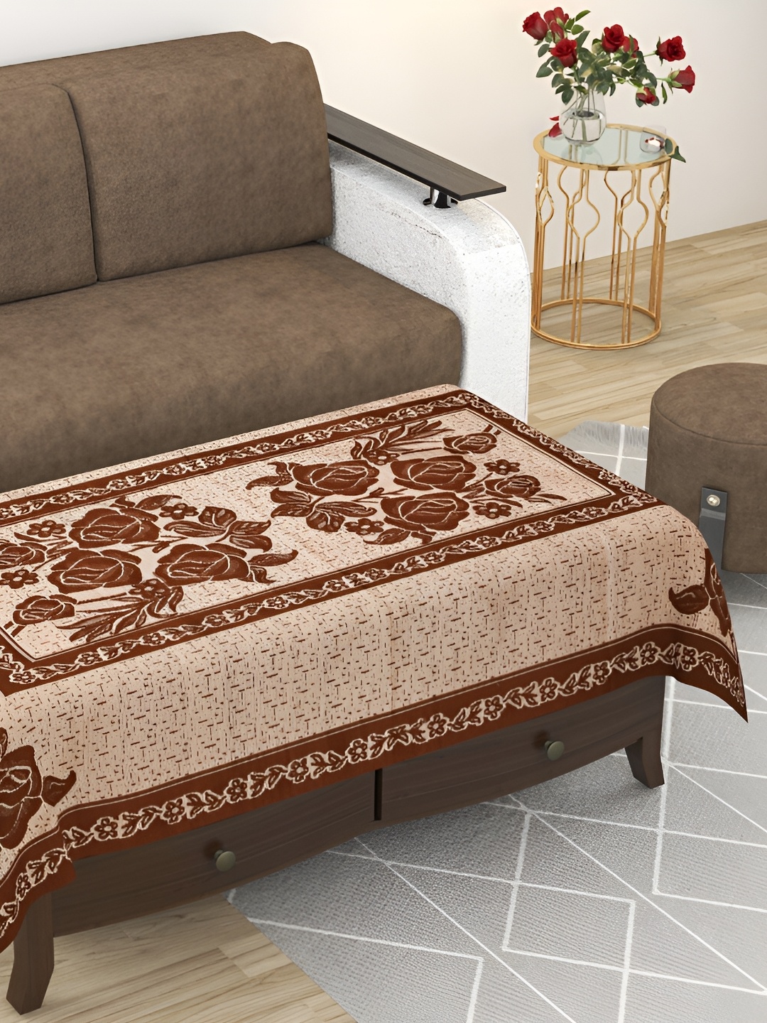 

BIGGER FISH Brown Floral Cotton 4-Seater Table Cover