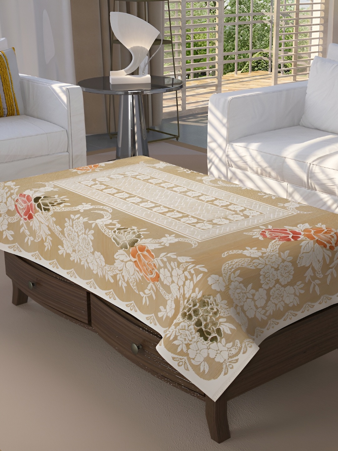 

BIGGER FISH Beige & Off White Floral Rectangular Cotton 4-Seater Table Cover