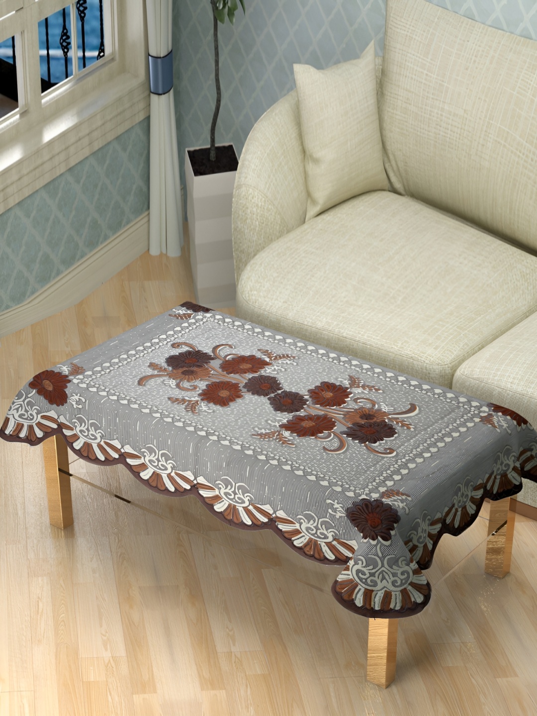 

BIGGER FISH Brown & Grey Floral Cotton 4-Seater Table Cover