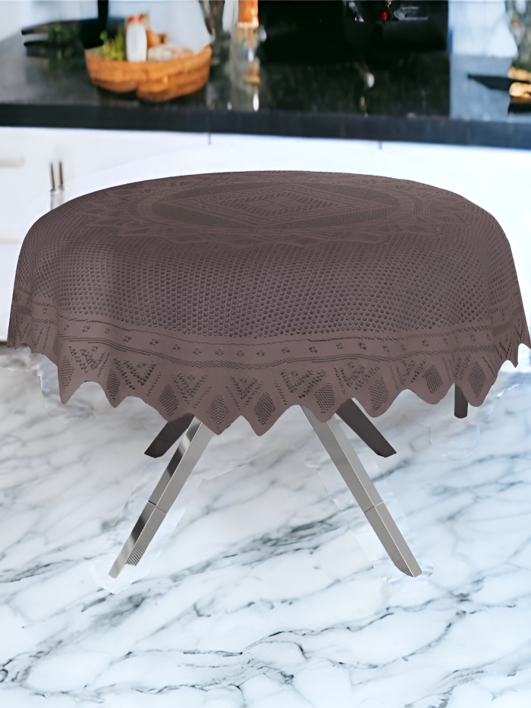 

BIGGER FISH Brown Geometric Embroidered Cotton 2-Seater Table Cover