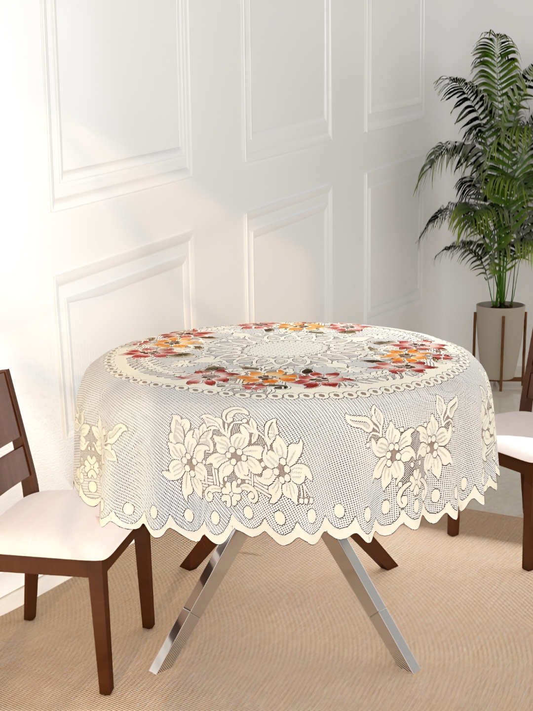 

BIGGER FISH Beige Round Floral Cotton 2-Seater Table Cover