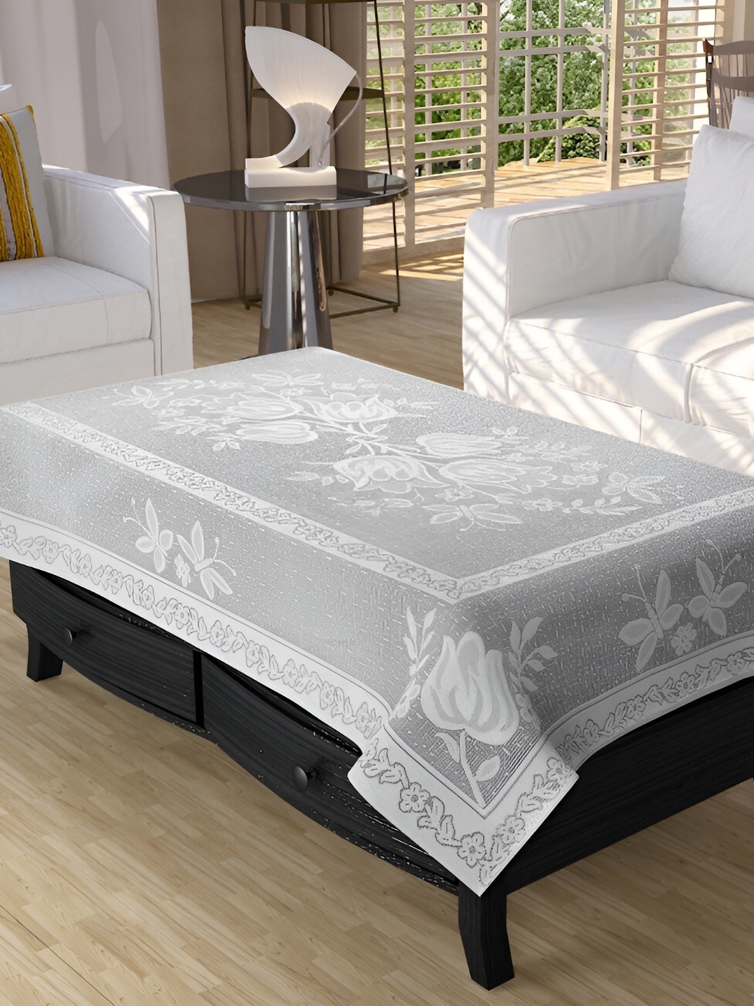 

BIGGER FISH White Self Design Cotton 4 Seater Table Cover