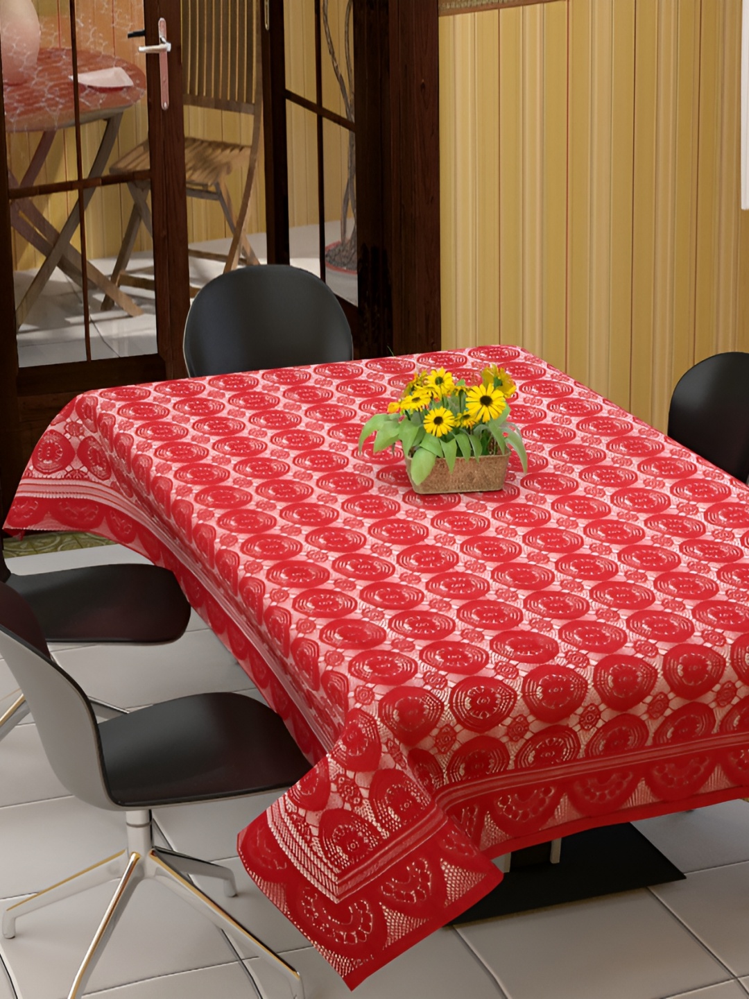 

BIGGER FISH Maroon Floral Cotton 6-Seater Table Cover