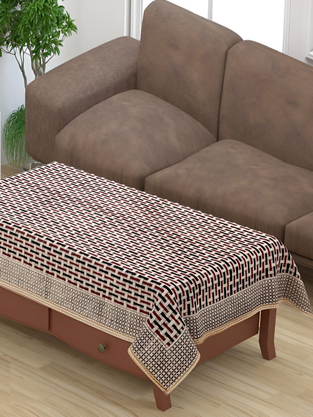 

BIGGER FISH Maroon & White Abstract Cotton 4-Seater Table Cover