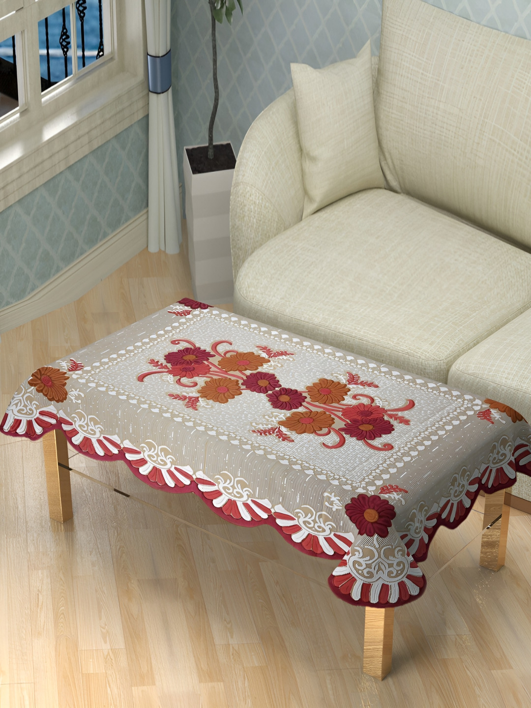 

BIGGER FISH Grey & Brown Cotton 4-Seater Table Cover