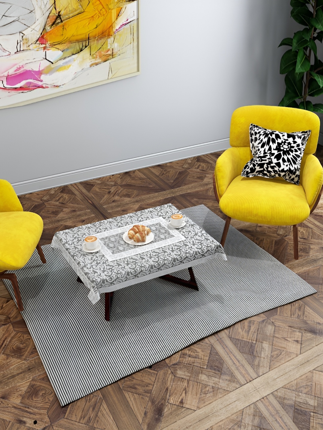 

BIGGER FISH Grey & White Floral Cotton 2 Seater Table Cover