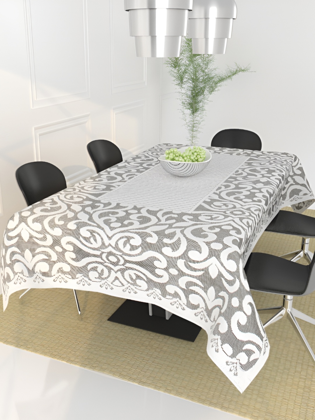 

BIGGER FISH Grey & White Floral Cotton Rectangle 6-Seater Table Cover