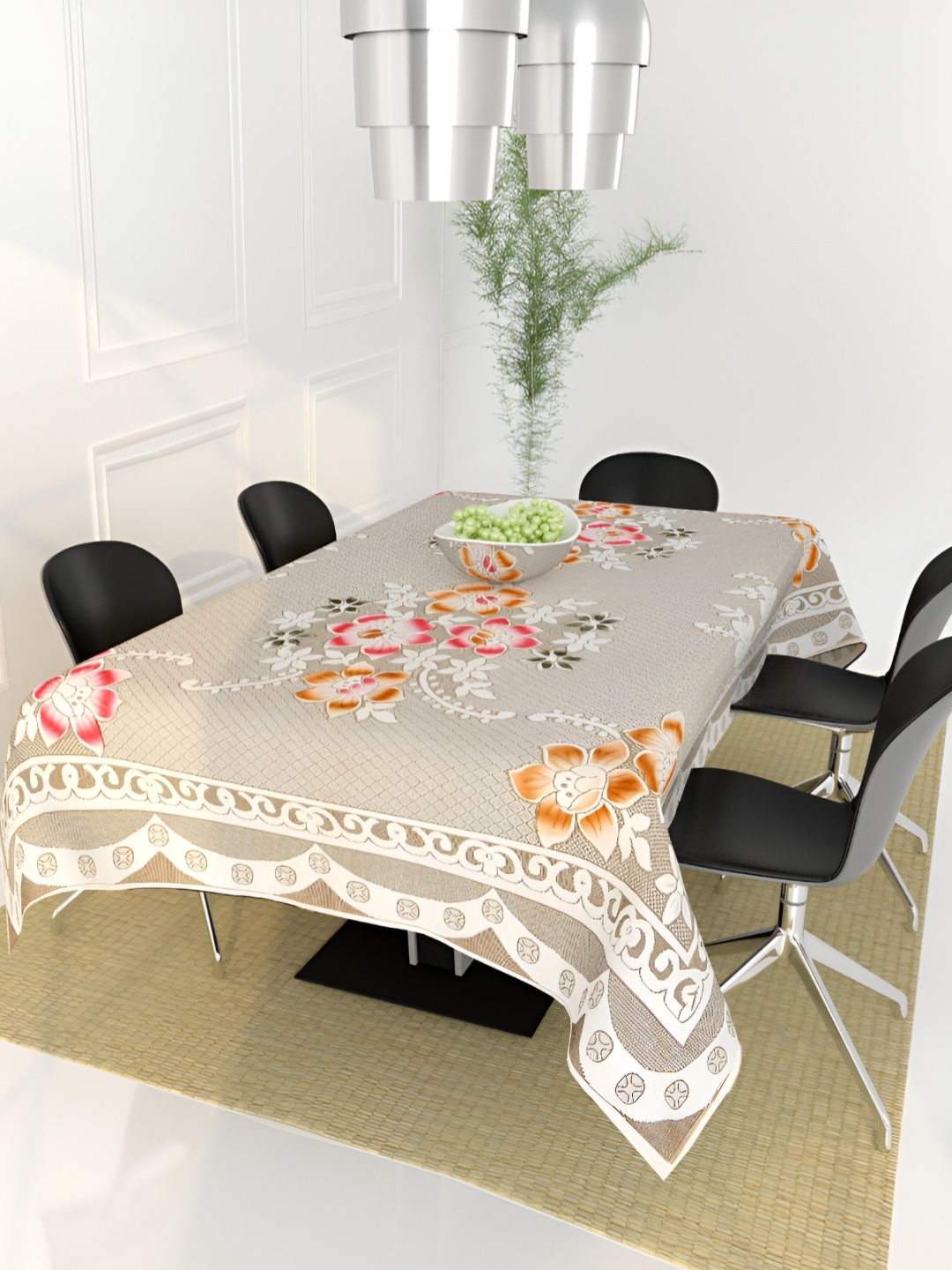 

BIGGER FISH Beige & White Floral Cotton 6-Seater Table Cover