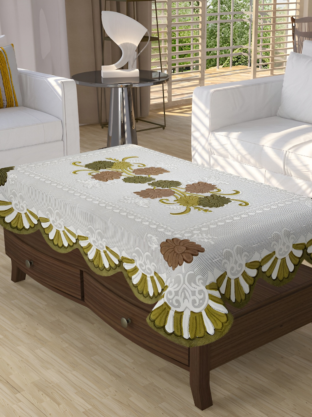 

BIGGER FISH Green & White Floral Cotton 4-Seater Table Cover