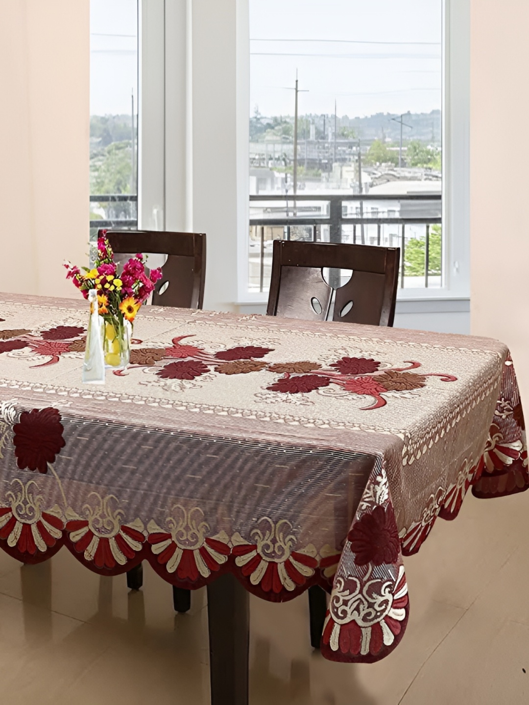 

BIGGER FISH Maroon & Cream Floral Cotton 6-Seater Table Cover
