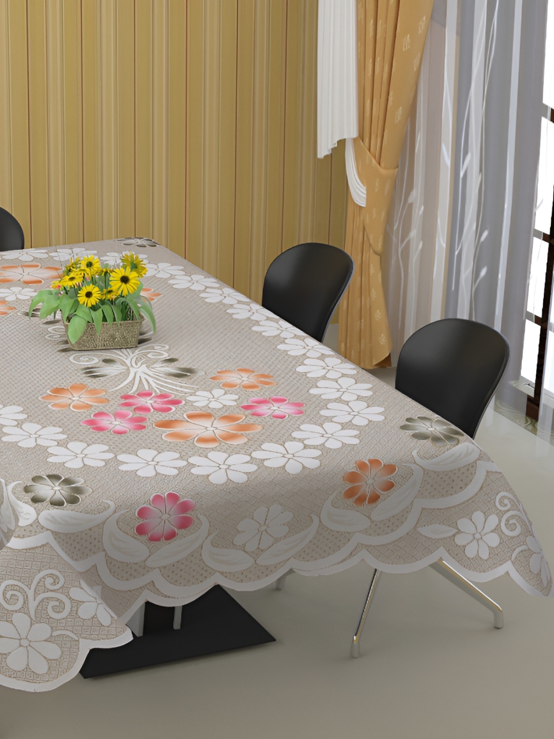 

BIGGER FISH Beige Floral Embroidered Cotton 8-Seater Table Cover